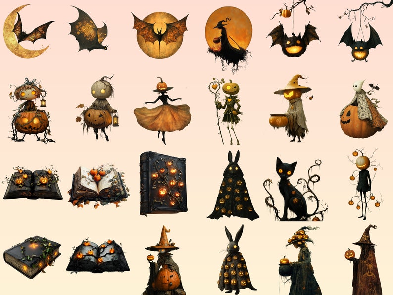 May include: A collection of 20 Halloween-themed digital illustrations featuring various spooky characters, including witches, bats, pumpkins, and books. The illustrations are in a dark and whimsical style, with a focus on orange, black, and brown colors.