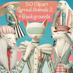 Pacote com 50 animais surreais peculiares em PNG, parte 2 + 15 fundos, faça você mesmo, cartões, kit de diário de sucata, materiais para scrapbooking, uso comercial!