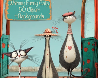 May include: Whimsical illustration featuring three elongated cats with unique outfits. One cat wears a beret, another a sun hat, and the third has a polka-dot neck. The image includes the text "Whimsy Funny Cats 50 Clipart + Backgrounds."