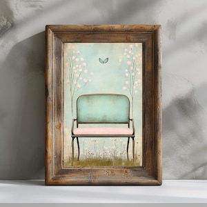 Puede incluir: Un sof&aacute; de estilo vintage azul verdoso con un coj&iacute;n rosa se encuentra en un campo de delicadas flores rosas. Una sola mariposa vuela sobre el sof&aacute; contra un cielo azul claro.