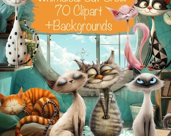 Pakiet 70 clipartów Whimsical Cat Crew + 30 teł + arkusze, samodzielne tworzenie kartek, zestaw do prowadzenia dziennika śmieci, artykuły do scrapbookingu, do użytku komercyjnego!