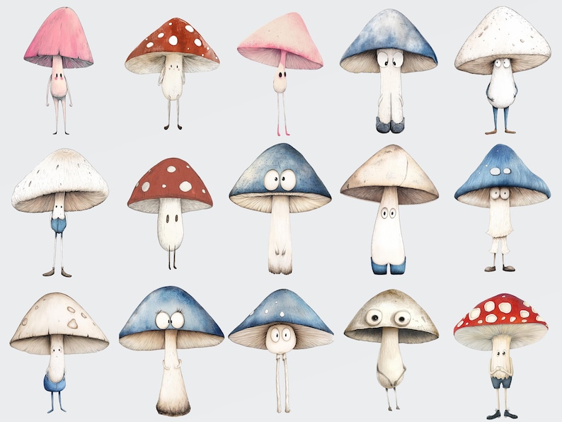 K&ouml;nnte beinhalten: Eine Sammlung von 18 Aquarell-Illustrationen von Cartoon-Pilzen mit unterschiedlich gef&auml;rbten H&uuml;ten und Stielen. Jeder Pilz hat einen einzigartigen Gesichtsausdruck und eine Pers&ouml;nlichkeit.