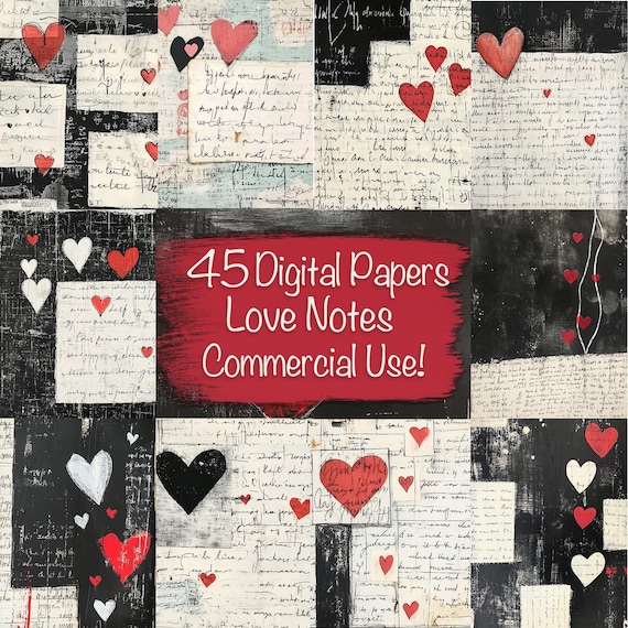 45 Valentine Love Notes Digital Papers Bundle, DIY Card Making, Junk Journal Supplies, Scrapbooking Kit, Collage, Commercial use!