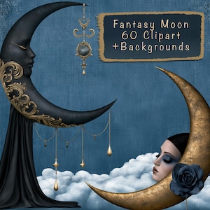 May include: A digital graphic featuring two crescent moons. One is black with gold filigree and hanging gold chains, the other is gold with a face and a dark rose. Text reads: Fantasy Moon 60 Clipart + Backgrounds. Blue textured background.