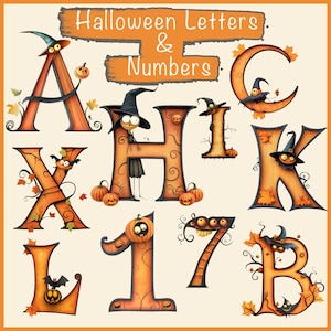 Letras e números do alfabeto de Halloween caprichosos clipart png, para artesanato de Halloween, scrapbooking, sublimação e muito mais, uso comercial!