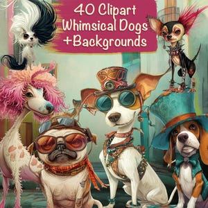 40 Whimsy Dogs png-clipart + 15 achtergronden + afdrukbare vellen, kaarten, sublimatie, junk Journal-benodigdheden, plakboekkit, commercieel gebruik!