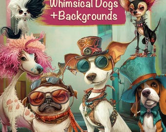 40 Whimsy Dogs Png Clipart + 15 Backgrounds + Printable Sheets, Cards, Sublimation, Junk Journal Supplies, Scrapbook Kit, Commercial use!