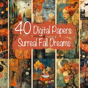 Creatief surrealistisch digitaal herfstpapier - 40 grillige achtergronden, ongewenste tijdschriften, kaarten, scrapbooking, knutselproject, enz. Commercieel gebruik!