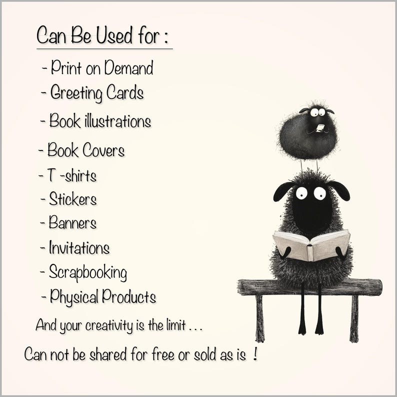 May include: Black and white illustration of two sheep reading books. The text "Can Be Used for:" is listed with a variety of uses for the illustration, including print on demand, greeting cards, book illustrations, book covers, t-shirts, stickers, banners, invitations, scrapbooking, and physical products. The text "And your creativity is the limit... Can not be shared for free or sold as is!" is also included.