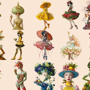 May include: A collection of 12 whimsical dolls dressed in colourful, floral, and fruit-themed outfits. Each doll wears a unique hat and holds a different accessory, such as a bee, a flower, or a piece of fruit.