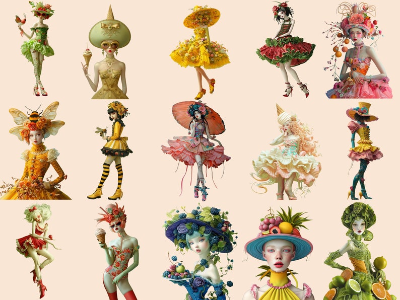 May include: A collection of 12 whimsical dolls dressed in colourful, floral, and fruit-themed outfits. Each doll wears a unique hat and holds a different accessory, such as a bee, a flower, or a piece of fruit.