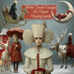 Puede incluir: Imagen de arte digital con temática invernal. Presenta a una mujer con un atuendo blanco y rojo, un niño con un paraguas y una persona montando un reno. La imagen incluye el texto "Winter Dream Escape 80 Clipart + Backgrounds".