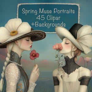 May include: Digital artwork of two women in flower-shaped hats, each holding a flower. The image has a soft, pastel colour scheme with text that reads "Spring Muse Portraits 45 Clipar + Backgrounds."