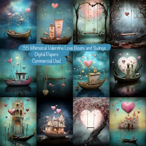 35 barcos y columpios del amor extravagantes para San Valentín, papel digital, tarjetas DIY, suministros para diario basura, kit de álbumes de recortes, collage, uso comercial.
