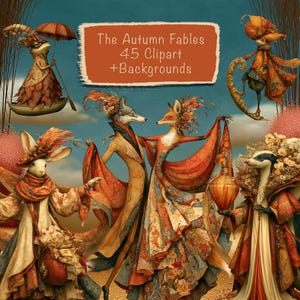 Puede incluir: Una ilustración digital con animales antropomórficos con atuendos otoñales, incluyendo un conejo, un zorro, un lobo y un tejón. Un letrero naranja central muestra el texto: The Autumn Fables 45 Clipart +Backgrounds. La escena incluye una rana en un bote.