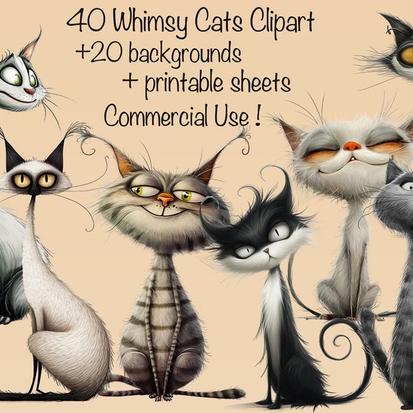 Set of 40 Quirky Whimsy Cats png + 20 backgrounds +  sheets, Card Making, Collage kit, Junk journal, Books, Commercial use !