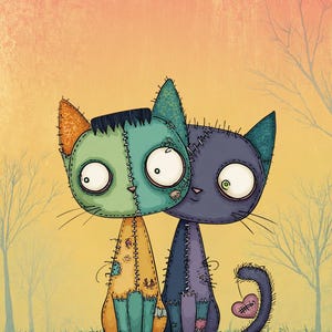 May include: A whimsical illustration of two stitched-together cats. One cat is green and orange, the other is purple. They sit close together against a yellow and orange background. The purple cat's tail curls with a pink heart. Bare tree branches are in the background.