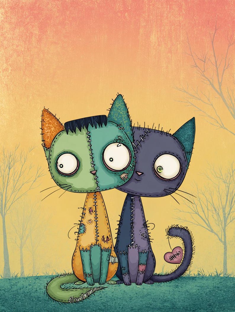 May include: A whimsical illustration of two stitched-together cats. One cat is green and orange, the other is purple. They sit close together against a yellow and orange background. The purple cat's tail curls with a pink heart. Bare tree branches are in the background.