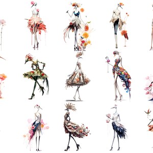 Pu&ograve; includere: Una collezione di 15 illustrazioni ad acquerello di donne con teste di uccello che indossano abiti e accessori colorati. Le donne sono raffigurate in varie pose ed espressioni, alcune con fiori o altri oggetti in mano. Le illustrazioni sono su sfondo bianco.