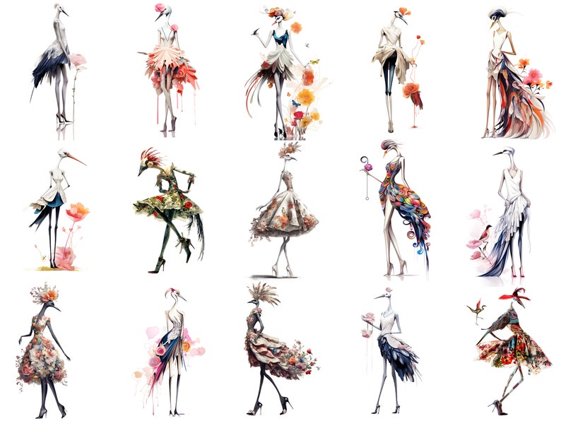 Pu&ograve; includere: Una collezione di 15 illustrazioni ad acquerello di donne con teste di uccello che indossano abiti e accessori colorati. Le donne sono raffigurate in varie pose ed espressioni, alcune con fiori o altri oggetti in mano. Le illustrazioni sono su sfondo bianco.