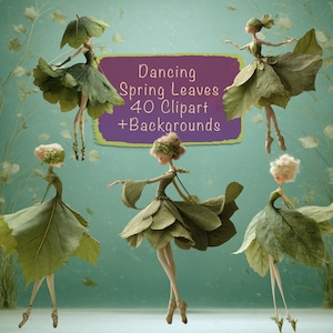 Op de afbeelding: Vijf grillige figuren in bladachtige jurken en hoofddeksels dansen tegen een turquoise achtergrond. De afbeelding bevat de tekst "Dancing Spring Leaves 40 Clipart + Backgrounds" op een paarse banner. De figuren bevinden zich in verschillende poses, wat beweging en gratie suggereert.