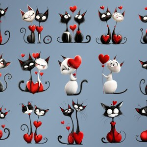 May include: A digital illustration of 12 pairs of cats in love. The cats are black and white with red hearts. Some cats are holding hearts, while others are wearing hearts. The cats are all looking at each other with love in their eyes.