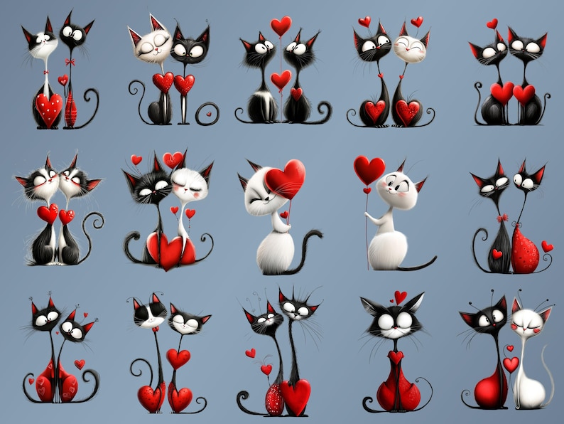 May include: A digital illustration of 12 pairs of cats in love. The cats are black and white with red hearts. Some cats are holding hearts, while others are wearing hearts. The cats are all looking at each other with love in their eyes.