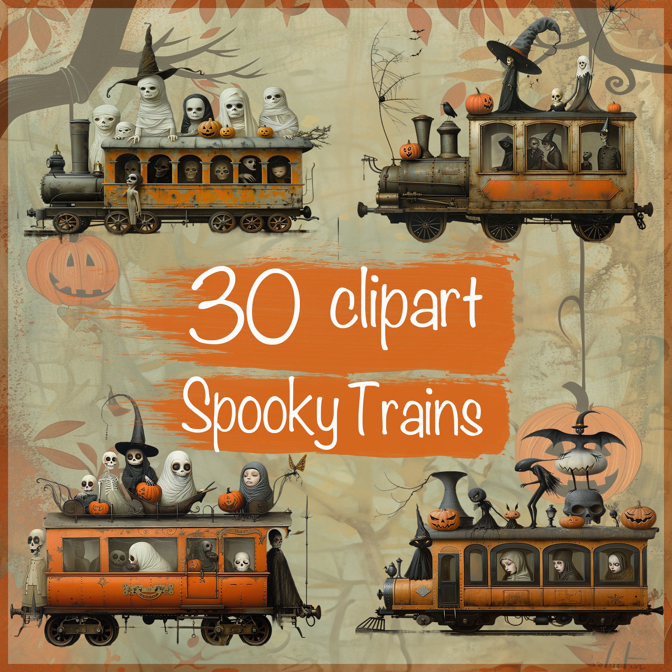 Whimsical Halloween Trains Clipart Bundle 30 Spooky Quirky Style PNG ...