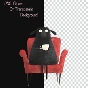 May include: A black sheep sitting in a red armchair, holding a white cup. The sheep has a big smile and big eyes.