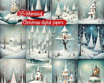 35 Whimsical Surreal Christmas Digital Papers Bundle, Christmas Background, DIY Card Making, Junk Journal, Scrapbooking Kit, Commercial use!
