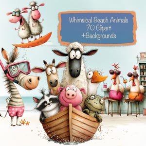 Op de afbeelding: Een grillige illustratie met cartoon stranddieren. Een zebra met een zwembril, schapen die surfen en andere dieren in een boot. De afbeelding bevat de tekst "Whimsical Beach Animals 70 Clipart + Backgrounds."