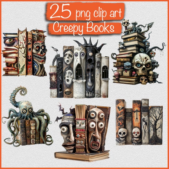 Creepy Halloween Books Clipart Bundle - 25 Spooky PNG Designs,  for card making, books , collage, scrapbook, etc.. Commercial use !