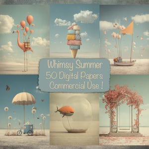 Whimsy Summer Papers, 50 digitale papers, DIY-kaarten maken, Junk Journal Supplies, Scrapbooking Kit, Collage, Commercieel gebruik!