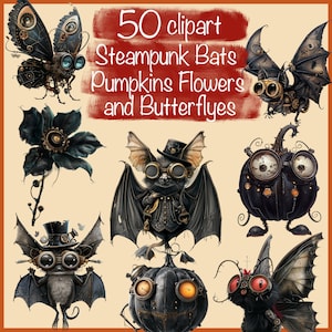 Steampunk Halloween Clipart Bundle - 50 Fledermäuse, Kürbisse, Blumen und Schmetterlinge, für Halloween Handwerk, Scrapbooking und mehr, kommerzielle Nutzung!