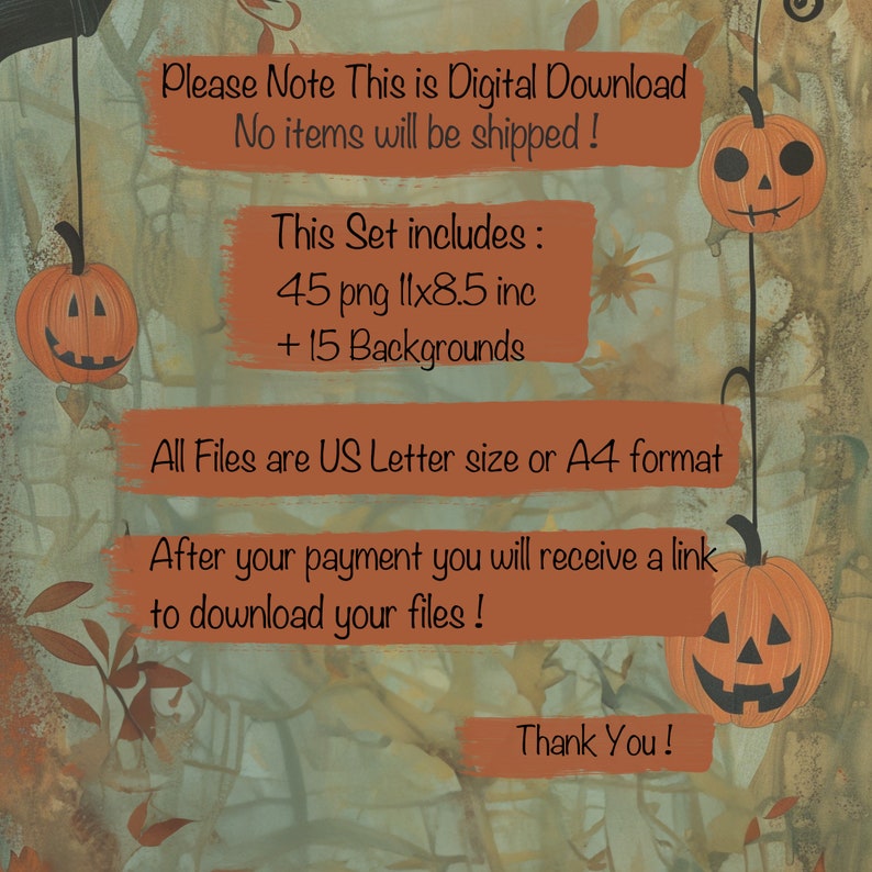 Livfullt Halloween Clipart-paket - 45 nyckfulla designer och 15 bakgrunder, för Halloweenpyssel, scrapbooking och mer, kommersiellt bruk! bild 9