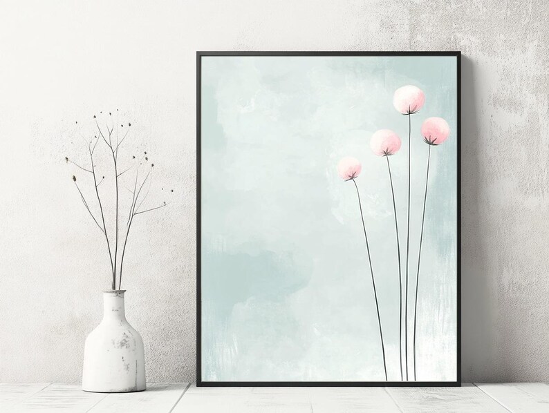 Puede incluir: Una impresi&oacute;n de arte digital con una ilustraci&oacute;n de estilo acuarela de cinco flores rosas con tallos sobre un fondo azul claro.