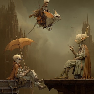 May include: An artistic depiction of a fantasy scene with three figures. One figure is riding a winged creature, another is reading under an umbrella, and the third is smoking a pipe. The color palette is muted with shades of brown and gray.