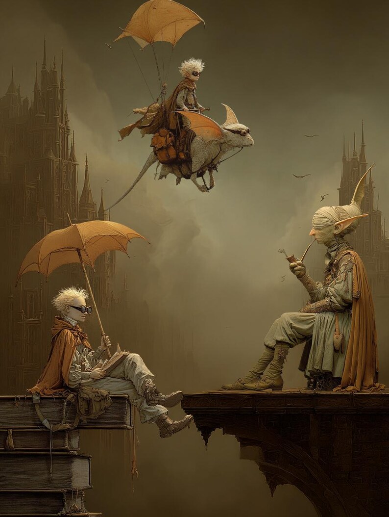May include: An artistic depiction of a fantasy scene with three figures. One figure is riding a winged creature, another is reading under an umbrella, and the third is smoking a pipe. The color palette is muted with shades of brown and gray.