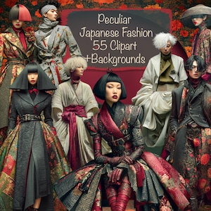 Puede incluir: Ilustraci&oacute;n digital que presenta dise&ntilde;os de moda japonesa. La imagen muestra varias figuras con atuendos detallados, incluyendo abrigos, vestidos y chaquetas, con diversos colores y patrones. El texto en la imagen dice "Peculiar Japanese Fashion 55 Clipart + Backgrounds."