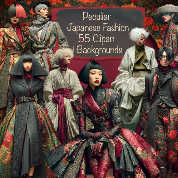 Peculiar Japanese Fashion 55 Clipart Bundle + 20 Backgrounds - For Cards, Junk Journal, Scrapbooking Supplies, Collage Kit, Commercial use!