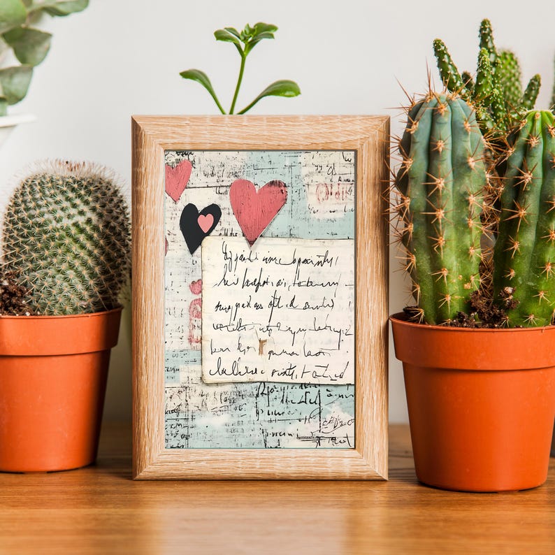 May include: A framed print with a vintage aesthetic featuring a collage of handwritten text, paper scraps, and pink and black hearts. The print is displayed on a wooden table with potted cacti on either side.