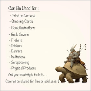 May include: Image with text listing uses for digital art, including print on demand, greeting cards, and t-shirts. A knight in silver armor rides a large tortoise. The text states, "And your creativity is the limit..."