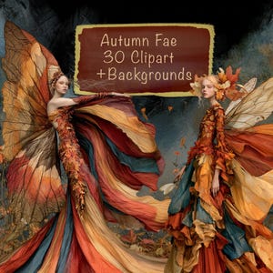 May include: Digital illustration of two figures with large butterfly wings, wearing flowing gowns made of autumn leaves in shades of orange, red, and teal. A brown rectangular sign with the text Autumn Fae 30 Clipart + Backgrounds is centered.