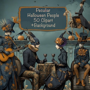 Puede incluir: Ilustración digital con temática de Halloween, que representa figuras disfrazadas, incluyendo un guitarrista, una pareja en una mesa con copas de vino y una persona montando un caballo esquelético. Incluye el texto "Peculiar Halloween People 50 Clipart +Background".