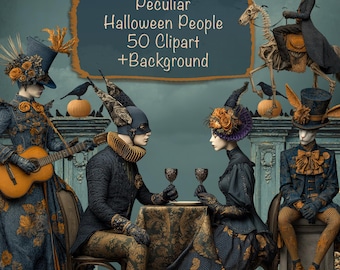 Könnte beinhalten: Digitales Kunstwerk mit Halloween-Thema, das kostümierte Figuren zeigt, darunter einen Gitarristen, ein Paar an einem Tisch mit Weingläsern und eine Person, die ein Skelettpferd reitet. Der Text "Peculiar Halloween People 50 Clipart +Background" ist enthalten.