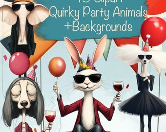 45 PNG Quirky Party Animals Clipart Bundle  + 10 Backgrounds, DIY Card Making, Junk Journal Kit, Scrapbooking Supplies, Commercial use!