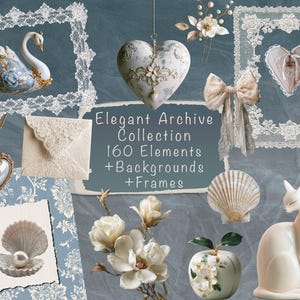 Op de afbeelding: Een digitale collectie getiteld Elegant Archive Collection 160 Elements +Backgrounds +Frames met een zwaanfiguur, hartvormige ornamenten, kanten kaders, een parelketting, een schelp met parel en een kattenfiguur.