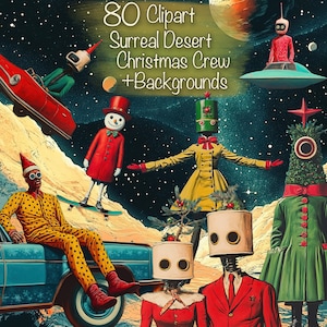 80 personajes surrealistas del desierto navideño + 20 fondos, kit de álbum de recortes, suministros para diario basura, fabricación de tarjetas, kit de collage, uso comercial.