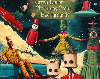 Può includere: Un'illustrazione digitale di una scena natalizia surreale nel deserto con una varietà di personaggi, tra cui un pupazzo di neve, un robot, un albero di Natale e una persona con un cappello di Babbo Natale. La scena si svolge su uno sfondo di cielo notturno stellato con un pianeta sullo sfondo. Il testo "80 Clipart Surreal Desert Christmas Crew +Backgrounds" è visibile nell'angolo in alto a sinistra dell'immagine.
