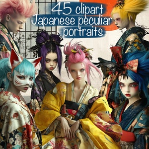 Lot de 45 images clipart portraits de personnes particulières japonaises + 20 arrière-plans, pour cartes, journal indésirable, scrapbooking, livre, collage, usage commercial !